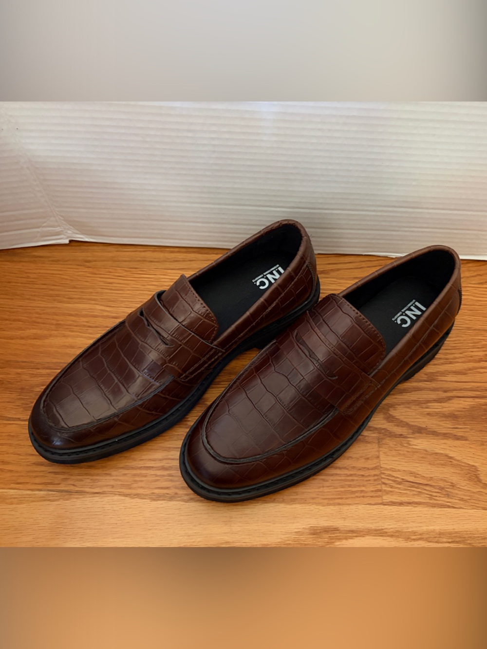 INC International Concepts Dark Brown Croc-Embossed Penny Loafers
